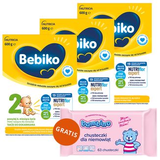 Zestaw Bebiko 2 Nutriflor Expert, mleko następne, powyżej 6 miesiąca, 3 x 600 g + Bambino, chusteczki nawilżane, od urodzenia, 63 sztuki gratis - zdjęcie produktu