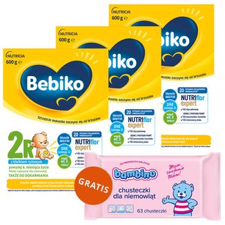 Zestaw Bebiko 2R Nutriflor Expert, mleko następne z kleikiem ryżowym, powyżej 6 miesiąca, 3 x 600 g + Bambino, chusteczki nawilżane, od urodzenia, 63 sztuki gratis - zdjęcie produktu