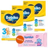 Zestaw Bebiko Junior 3 Nutriflor Expert, odżywcza formuła na bazie mleka, powyżej 1 roku, 3 x 600 g + Bambino, chusteczki nawilżane, od urodzenia, 63 sztuki gratis - miniaturka zdjęcia produktu