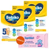 Zestaw Bebiko Junior 5 Nutriflor Expert, odżywcza formuła na bazie mleka, dla przedszkolaka, 3 x 600 g + Bambino, chusteczki nawilżane, od urodzenia, 63 sztuki gratis - miniaturka zdjęcia produktu