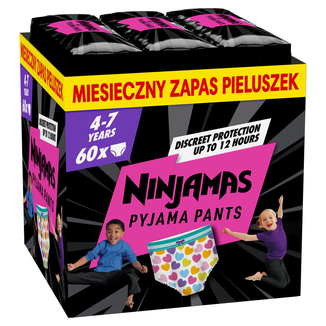 Pampers Ninjamas Pyjama Pants, pieluchomajtki dla dziewczynek, 4-7 lat, 17-30 kg, 60 sztuk USZKODZONE OPAKOWANIE - zdjęcie produktu