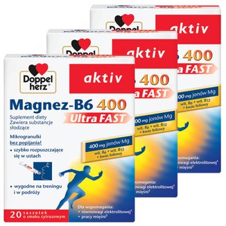 Zestaw Doppelherz aktiv Magnez-B6 400 UltraFast, smak cytrusowy, 3 x 20 saszetek - zdjęcie produktu
