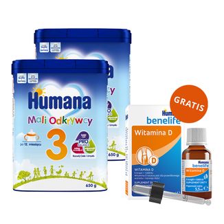 Zestaw Humana 3 Mali Odkrywcy, napój mleczny w proszku, po 12 miesiącu, 2 x 650 g + Benelife Witamina D3, 5,5 ml gratis - zdjęcie produktu