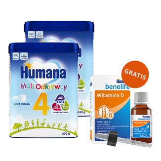 Zestaw Humana 4 Mali Odkrywcy, napój mleczny w proszku, po 24 miesiącu, 2 x 650 g + Benelife Witamina D3, 5,5 ml gratis - zdjęcie produktu