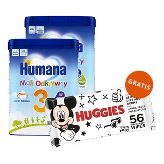 Zestaw Humana 3 Mali Odkrywcy, napój mleczny w proszku, po 12 miesiącu, 2 x 650 g + chusteczki nawilżane, 56 sztuk gratis - zdjęcie produktu
