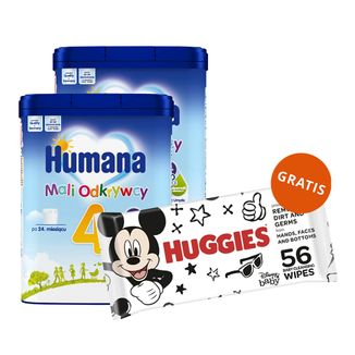 Zestaw Humana 4 Mali Odkrywcy, napój mleczny w proszku, po 24 miesiącu, 2 x 650 g + chusteczki nawilżane, 56 sztuk gratis - zdjęcie produktu