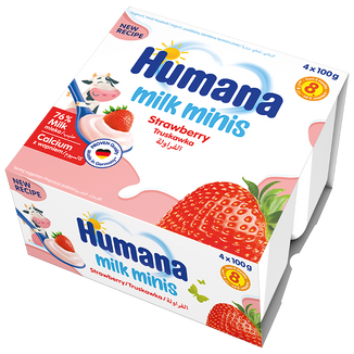 Humana Milk Minis Deserek jogurtowy o smaku truskawkowym, po 8 miesiącu, 4 x 100 g - zdjęcie produktu