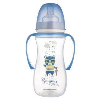 Canpol Babies Easy Start, butelka antykolkowa, szerokootworowa, z uchwytami, Bonjur Paris, niebieska, od 12 miesiąca, 300 ml - zdjęcie produktu