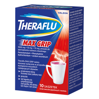 Theraflu Max Grip 1000 mg + 70 mg + 10 mg, proszek do sporządzania roztworu doustnego, smak owoców jagodowych i mentolu, 10 saszetek  - zdjęcie produktu