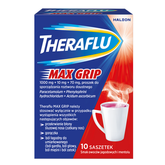 Theraflu Max Grip 1000 mg + 70 mg + 10 mg, proszek do sporządzania roztworu doustnego, smak owoców jagodowych i mentolu, 10 saszetek - zdjęcie produktu
