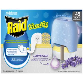 Raid Family, elektrofumigator z płynem owadobójczym przeciw komarom, powyżej 1 roku, lawenda, 27 ml USZKODZONE OPAKOWANIE - zdjęcie produktu
