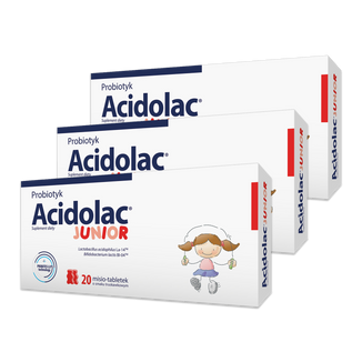 Zestaw Acidolac Junior, dla dzieci od 3 lat, smak truskawkowy, 3 x 20 misio-tabletek - zdjęcie produktu