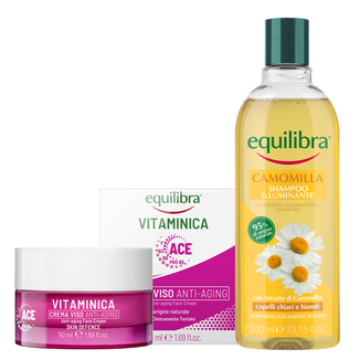 Zestaw Equilibra Vitaminica, krem przeciwstarzeniowy do twarzy, 75 ml + Camomila, rozświetlający szampon rumiankowy, 300 ml - zdjęcie produktu