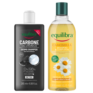 Zestaw Equilibra Carbone Attivo, szampon oczyszczający, aloesowy, 250 ml + Camomila, rozświetlający szampon rumiankowy, 300 ml - zdjęcie produktu