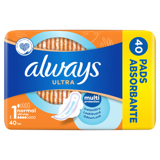 Always Ultra, podpaski ze skrzydełkami, rozmiar 1, Normal, 40 sztuk - zdjęcie produktu