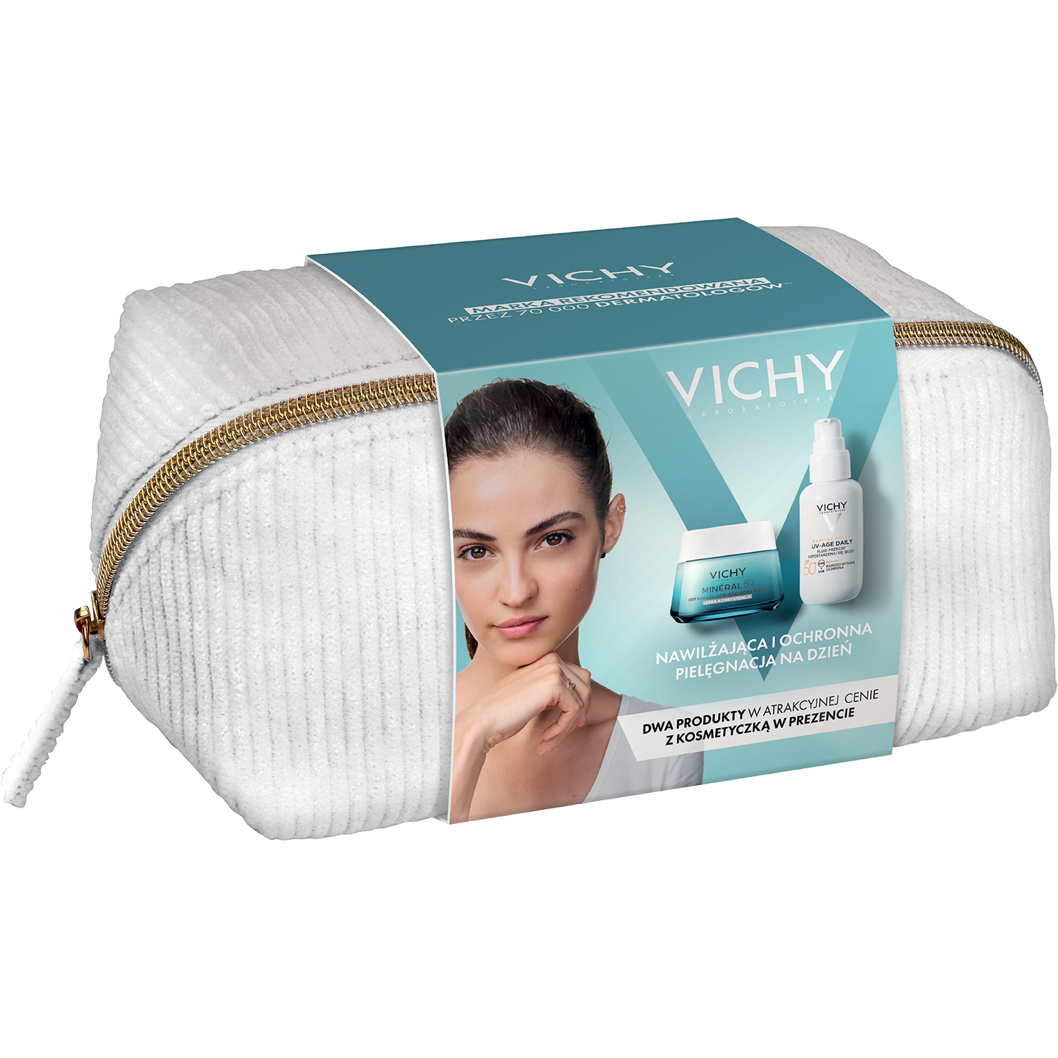 Vichy Zestaw Vichy Mineral 89, krem nawilżająco-odżywczy, 72h, 50 ml + Capital Soleil UV-Age Daily, fluid przeciw fotostarzeniu się skóry, SPF 50+, 40 ml + kosmetyczka gratis