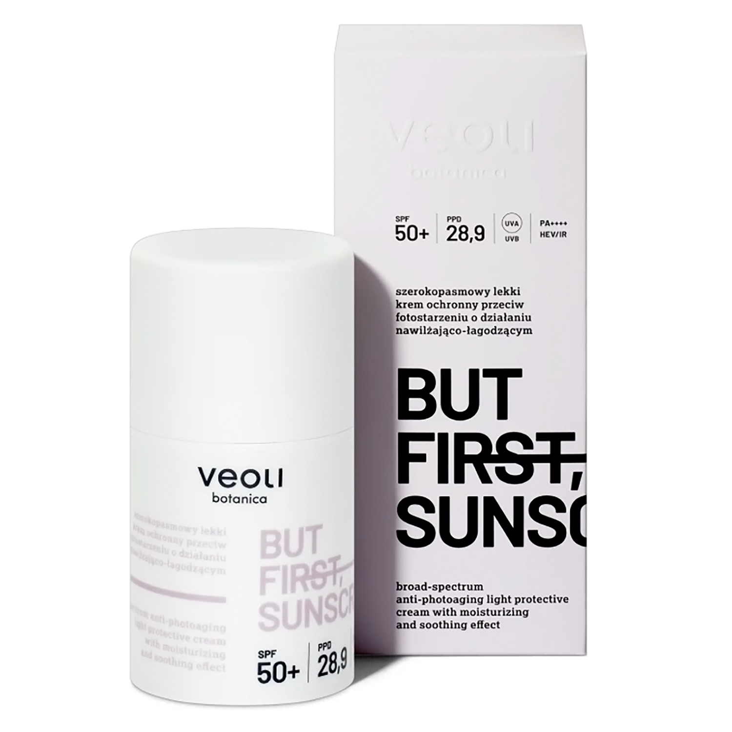 Nieznana Veoli Botanica But First, Sunscreen, szerokopasmowy lekki krem ochronny przeciw fotostarzeniu o działaniu nawilżająco-łagodzącym, SPF 50+, 50 ml