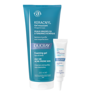 Zestaw Ducray Keracnyl, żel pieniący do twarzy i ciała, 200 ml + krem przeciw niedoskonałościom, 30 ml - zdjęcie produktu