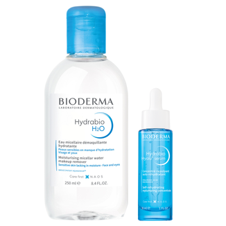 Zestaw Bioderma Hydrabio, nawilżające serum przeciwzmarszczkowe, 30 ml + nawilżający płyn micelarny do demakijażu, skóra odwodniona, 250 ml - zdjęcie produktu