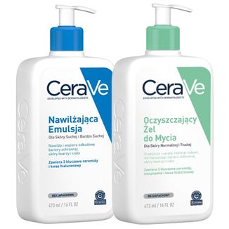 Zestaw CeraVe, emulsja nawilżająca, skóra sucha i bardzo sucha, 473 ml + oczyszczający żel do mycia, skóra normalna i tłusta, 473 ml - zdjęcie produktu
