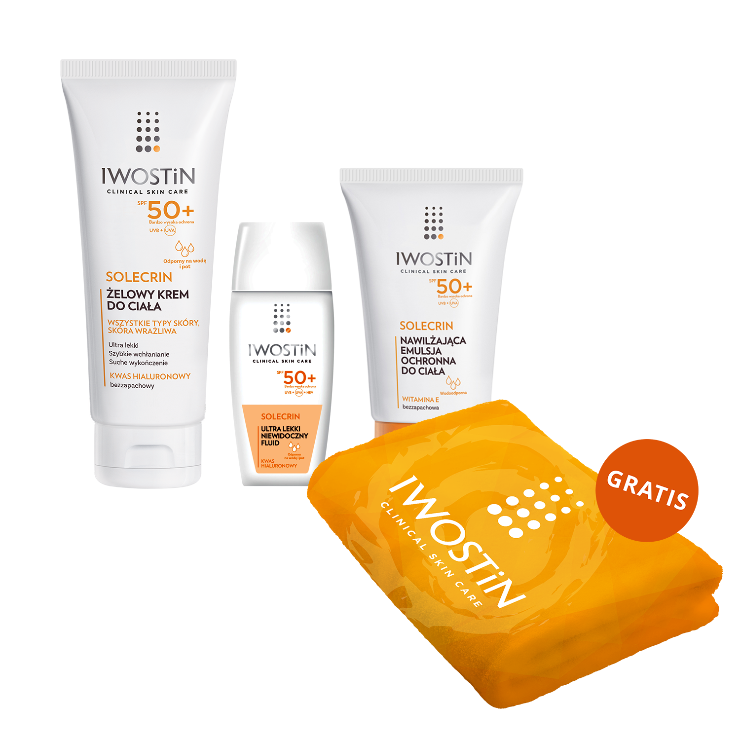 Iwostin Zestaw Iwostin Solecrin SPF 50+, emulsja ochronna, 100 ml + ultra lekki niewidoczny fluid, 40 ml + żelowy krem do ciała, 200 ml + ręcznik kąpielowy gratis