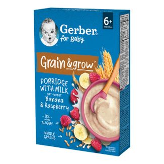 Gerber Grain & Grow Kaszka owsiano-pszenna, banan, malina, mleczna, bez dodatku cukru, po 6 miesiącu, 200 g - zdjęcie produktu