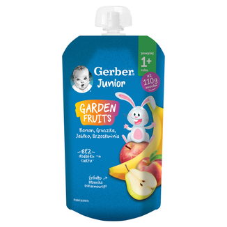 Gerber Junior Deser w tubce, banan, gruszka, jabłko, brzoskwinia, bez dodatku cukru, po 1 roku, 110 g KRÓTKA DATA - zdjęcie produktu