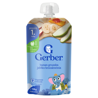 Gerber Junior Deser w tubce, banan, gruszka, jabłko, brzoskwinia, bez dodatku cukru, po 1 roku, 110 g - zdjęcie produktu