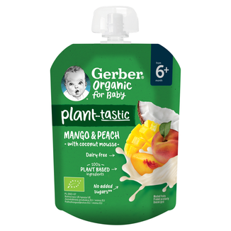 Gerber Organic Plant-Tastic Deser w tubce, mango i brzoskwinia z musem kokosowym, bez dodatku cukru, po 6 miesiącu, 80 g KRÓTKA DATA - zdjęcie produktu