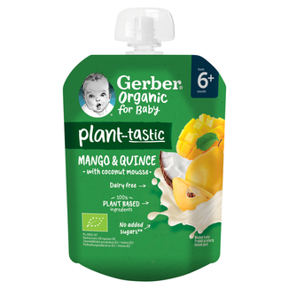 Gerber Organic Plant-Tastic Deser w tubce, mango i pigwa z musem kokosowym, bez dodatku cukru, po 6 miesiącu, 80 g KRÓTKA DATA - zdjęcie produktu