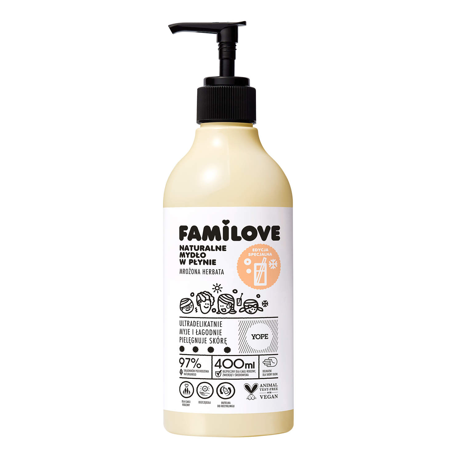 Nieznana Yope Familove, naturalne mydło w płynie, mrożona herbata, 400 ml — Inhaltsstoffe und Bewertung