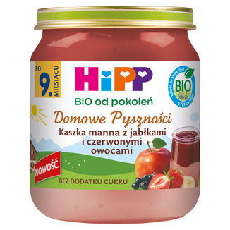 HiPP Domowe Pyszności Bio, kaszka manna z jabłkami i czerwonymi owocami, po 9 miesiącu, 200 g - zdjęcie produktu