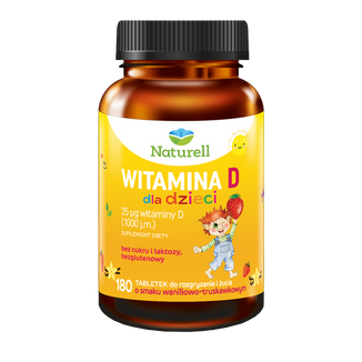 Naturell Witamina D dla dzieci powyżej 3 lat, smak waniliowo-truskawkowy, 180 tabletek do rozgryzania i żucia - zdjęcie produktu