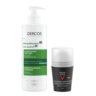 Zestaw Vichy Homme, antyperspirant roll-on dla mężczyzn, 72-godzinna ochrona, 50 ml + Dercos Anti Dandruff DS, szampon przeciwłupieżowy, 390 ml - zdjęcie produktu