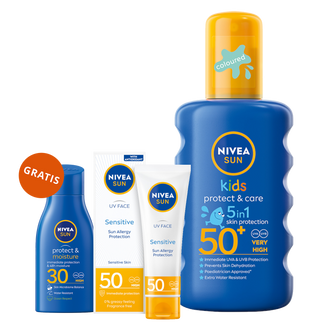 Zestaw Nivea Sun Kids Protect & Care, spray ochronny dla dzieci, SPF 50+, 200 ml + krem ochronny do twarzy, SPF 50, 50 ml + balsam do opalania, SPF 30, 30 ml gratis - zdjęcie produktu