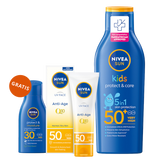 Zestaw Nivea Sun Kids Protect & Care, balsam do opalania dla dzieci 5w1, SPF 50+, 200 ml + przeciwstarzeniowy krem z SPF 50, 50 ml + balsam do opalania, SPF 30, 30 ml gratis - miniaturka zdjęcia produktu