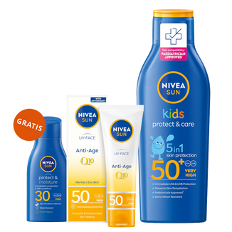 Zestaw Nivea Sun Kids Protect & Care, balsam do opalania dla dzieci 5w1, SPF 50+, 200 ml + przeciwstarzeniowy krem z SPF 50, 50 ml + balsam do opalania, SPF 30, 30 ml gratis - zdjęcie produktu