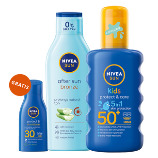 Zestaw Nivea Sun Kids Protect & Care, spray ochronny dla dzieci, SPF 50+, 200 ml + balsam po opalaniu przedłużający opaleniznę, 200 ml + balsam do opalania, SPF 30, 30 ml gratis - zdjęcie produktu