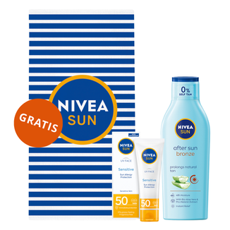 Zestaw Nivea Sun Sensitive, krem ochronny do twarzy dla skóry wrażliwej, SPF 50, 50 ml + balsam po opalaniu przedłużający opaleniznę, 200 ml + ręcznik plażowy gratis - zdjęcie produktu