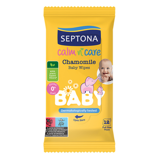 Septona Baby Calm n Care, nawilżane chusteczki, rumianek, od 1 dnia życia, 12 sztuk - zdjęcie produktu