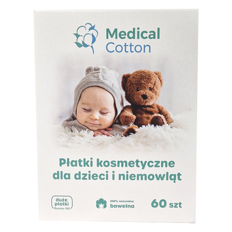 Medical Cotton, płatki kosmetyczne dla dzieci i niemowląt, duże, 100% bawełna, od urodzenia, 60 sztuk USZKODZONE OPAKOWANIE - zdjęcie produktu
