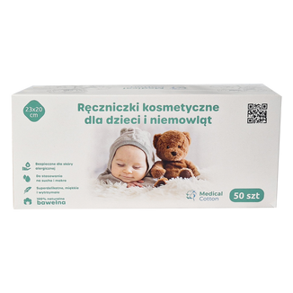 Medical Cotton, ręczniczki kosmetyczne dla dzieci i niemowląt, 23 x 20 cm, 100% bawełna, od urodzenia, 50 sztuk - zdjęcie produktu