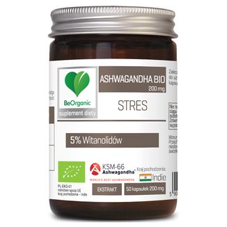 BeOrganic Ashwagandha Bio 200 mg, 5% Witanolidów, 50 kapsułek - zdjęcie produktu