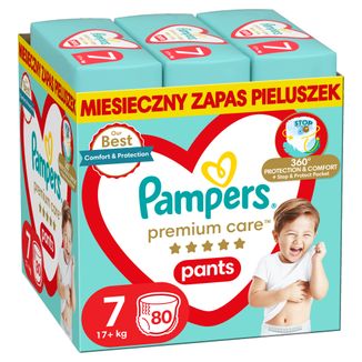 Pampers Premium Care Pants, pieluchomajtki rozmiar 7, 17+ kg, 80 sztuk - zdjęcie produktu