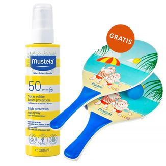 Mustela Sun Bebe Enfant-Famille, spray przeciwsłoneczny do twarzy i ciała, SPF 50, 200 ml + rakietki plażowe gratis - zdjęcie produktu