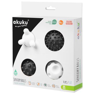 Akuku, piłeczki sensoryczne, czarno-białe, A0469, od urodzenia, 4 sztuki - zdjęcie produktu