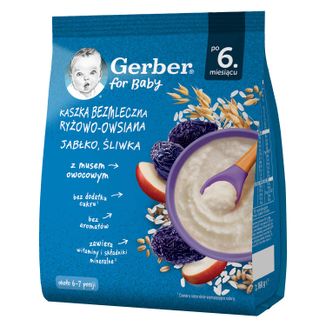 Gerber Kaszka ryżowo-owsiana, jabłko, śliwka, bezmleczna, bez dodatku cukru, po 6 miesiącu, 160 g - zdjęcie produktu