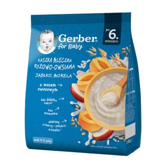 Gerber Kaszka ryżowo-owsiana, jabłko, morela, mleczna, bez dodatku cukru, po 6 miesiącu, 160 g - zdjęcie produktu