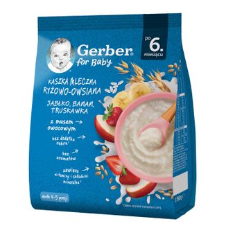 Gerber Kaszka ryżowo-owsiana, jabłko, banan, truskawka, mleczna, bez dodatku cukru, po 6 miesiącu, 160 g - zdjęcie produktu