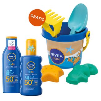 Zestaw Nivea Sun Kids Protect & Care 5w1, balsam do opalania dla dzieci, SPF 50+, 200 ml + spray ochronny na słońce dla dzieci, SPF 50+, 200 ml + wiaderko do piasku gratis - zdjęcie produktu